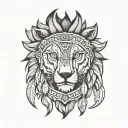 front view left half wolf side right half lion side face wearing indian cherokee head ornament  tattoo design idea
