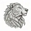 front view left half wolf side right half lion side face wearing indian cherokee head ornament  tattoo design idea