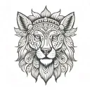 front view left half wolf side right half lion side face wearing indian cherokee head ornament  tattoo design idea