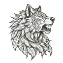 front view left half wolf side right half lion side face wearing indian cherokee head ornament  tattoo design idea