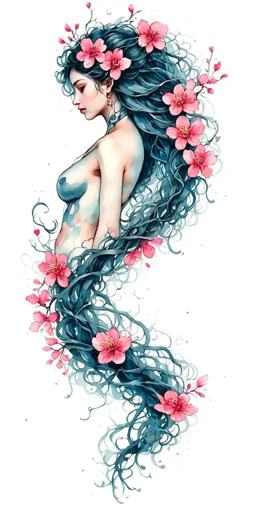 cherry Blossom long vine wrapped loosely in helix merging around strong warrior woman thinner hair vines tattoo design idea