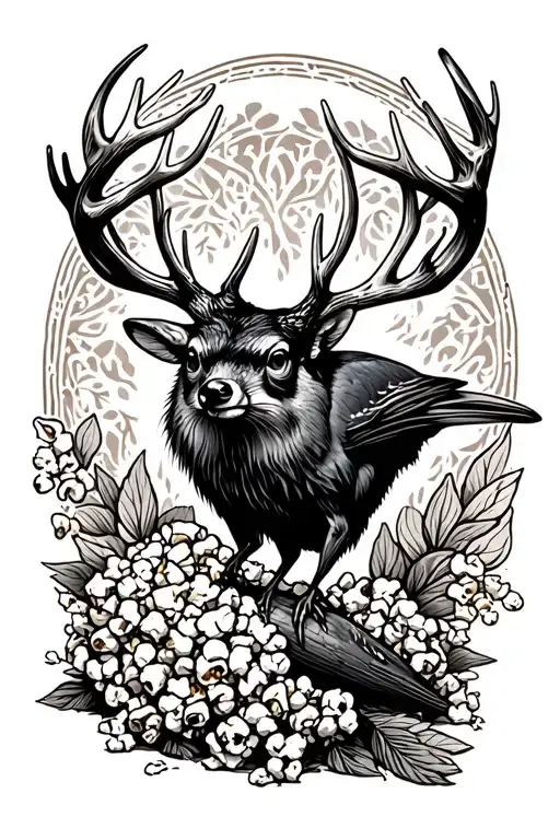 crow whitetail deer ratcoon norther pike popcorn cross  tattoo design idea