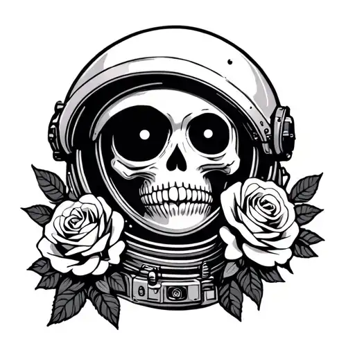 a cartoon astronaut with a moon for a head and roses with a skull face tattoo design idea