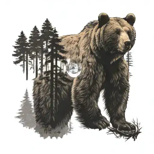 brown bear stands on hind legs in dense forest at night against moon calm face looking forward tattoo design idea