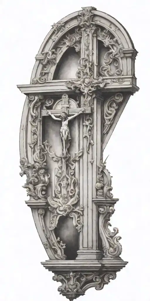 The inside of a catholic church with an upside down cross tattoo design idea