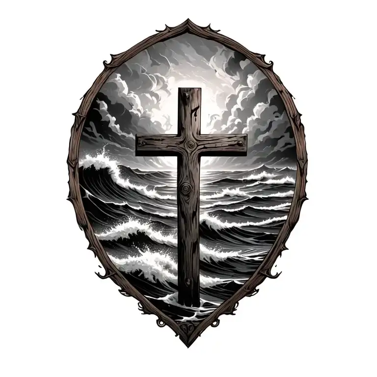 wooden cross in stormy sea waves crashing in the background tattoo design idea