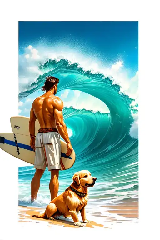 Golden Retreiver standing with man holding surfboard looking at wave from beach with greek mythology themes tattoo design idea