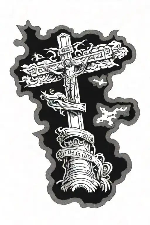 A Calvary cross with a soldier kneeling praying and the words "Ephesians 6:11" near it tattoo design idea