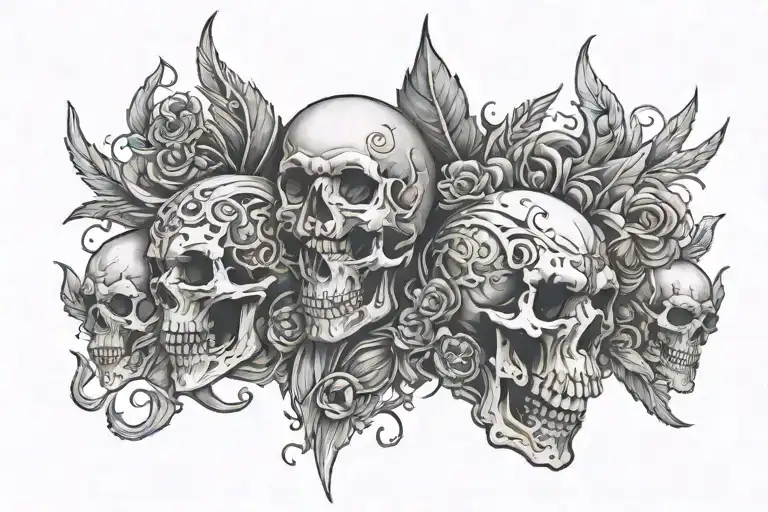 heavy metal inspired tattoo featuring skulls and northen mythology tattoo design idea