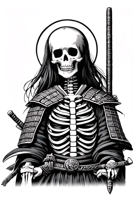 Skeleton with a halo above the head and girl samurai the rest on your tattoo design idea