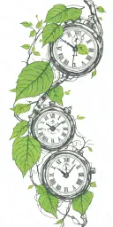 birch tree branches and green leaves with only 3 clocks integrated into it for an arm sleeve tattoo design idea