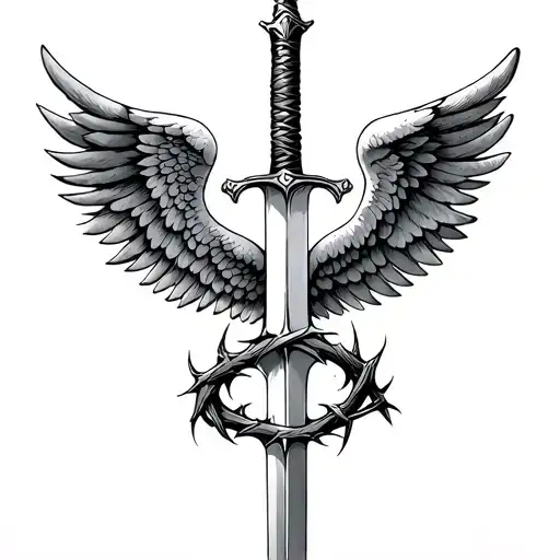 angel wings with sword wrapped in thorns tattoo design idea