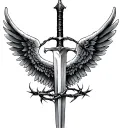 angel wings with sword wrapped in thorns tattoo design idea