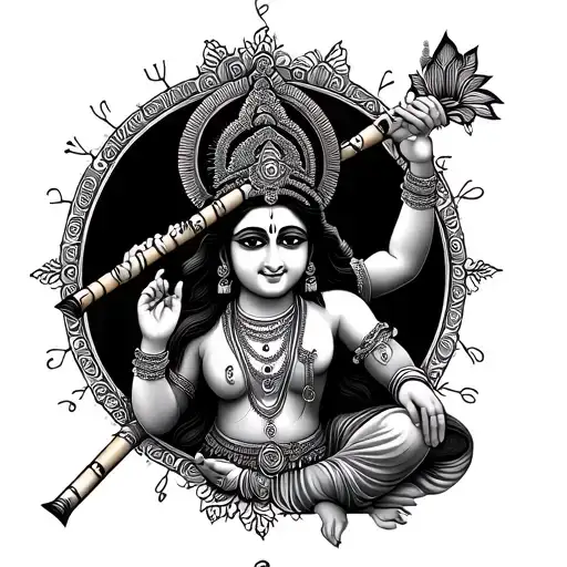 krishna flute and gayatri mantra written across tattoo design idea