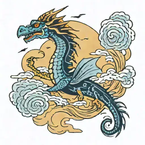 sea dragon in a storm clouds with lightning tattoo design idea