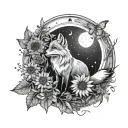 Fox in a field of sunflowers with butterflies and a moon in the sky  tattoo design idea