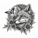 Fox in a field of sunflowers with butterflies and a moon in the sky  tattoo design idea