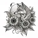 Fox in a field of sunflowers with butterflies and a moon in the sky  tattoo design idea