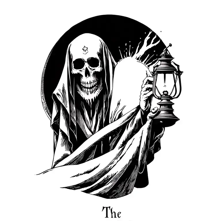 The hermit tarot walking sideways in darkness holding a lantern thats emitting light. Skull face cloaked in hood tattoo design idea
