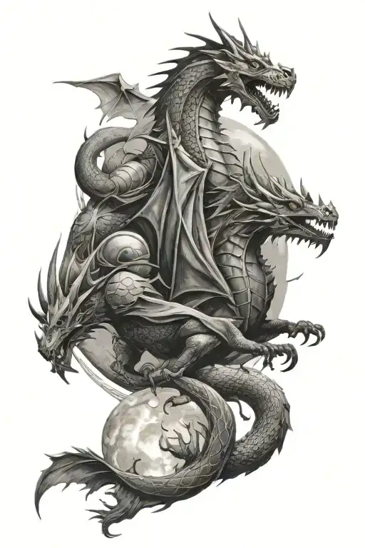 knights,dragons, kastle, moon merging together tattoo design idea