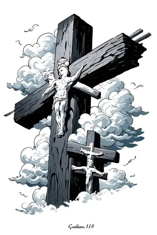 Galatians 1:10, love in japanese, 3 Crosses on calvary cross, clouds as fillers tattoo design idea