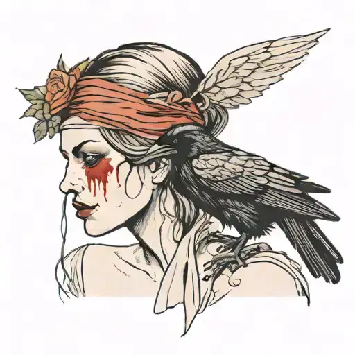 A pale-skinned woman, blindfolded, with blood on her cheeks, clutching a dead raven to her chest with her right hand. tattoo design idea