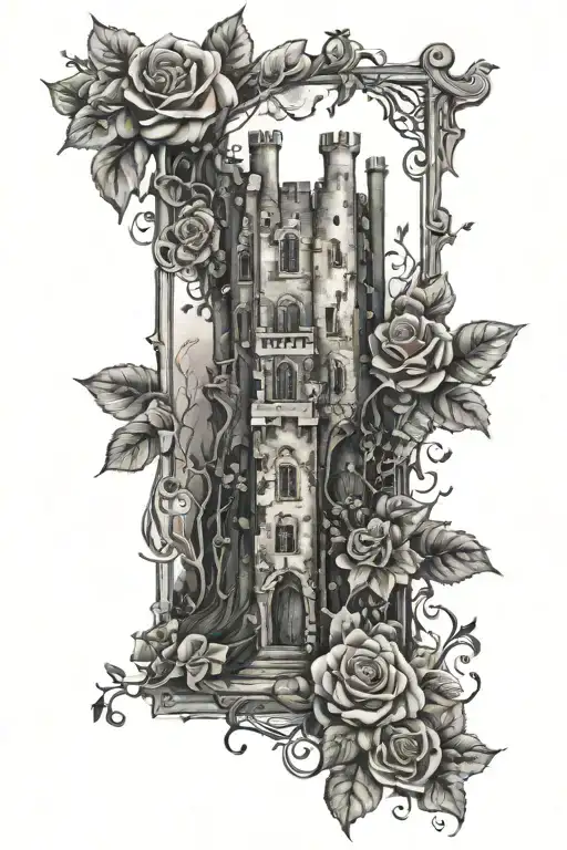 castle ruins, ivy and roses tattoo design idea