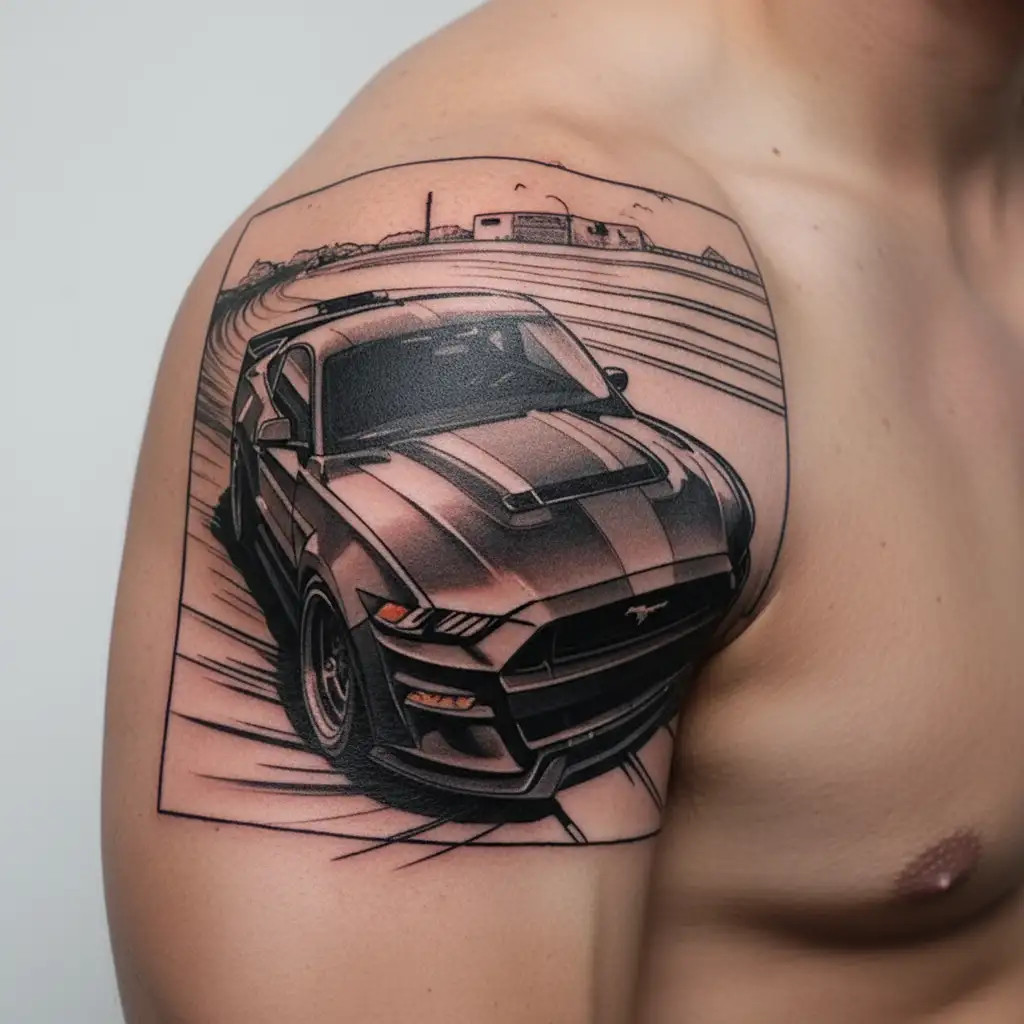mustang gt going around a corner fast tattoo design idea