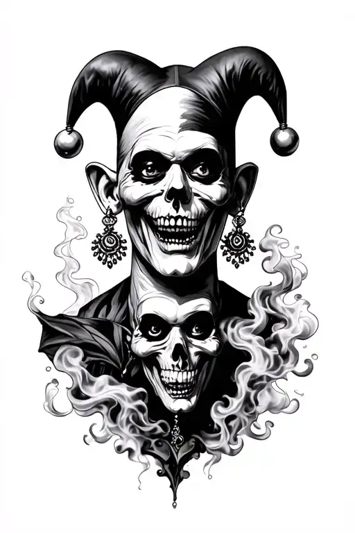 creepy jester with earrings, skulls and smoke coming tattoo design idea