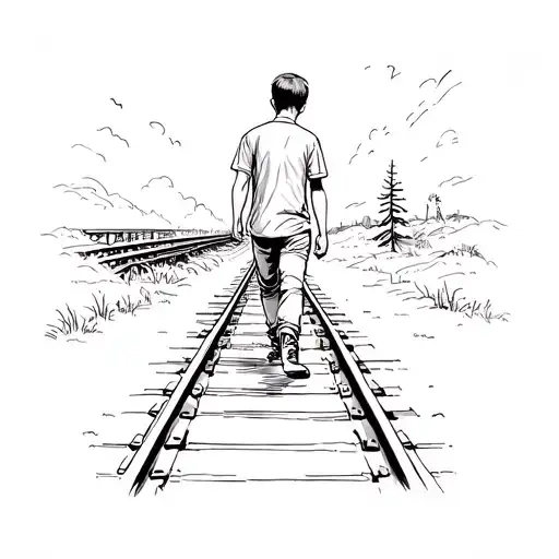 a boy walking down the railroad track tattoo design idea