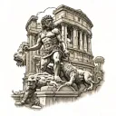 COLLOSEUM WITH GLADIATOR AND LION tattoo design idea