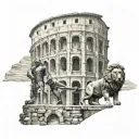 COLLOSEUM WITH GLADIATOR AND LION tattoo design idea