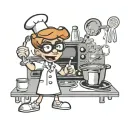 A dotwork tattoo of Dexter from Dexter's Laboratory cooking in a kitchen, blending your love for the cartoon and culinary school tattoo design idea