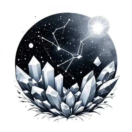 Constellation & Crystal Fusion – a dark‑sky gradient with a constellation and stylised crystal shapes. tattoo design idea