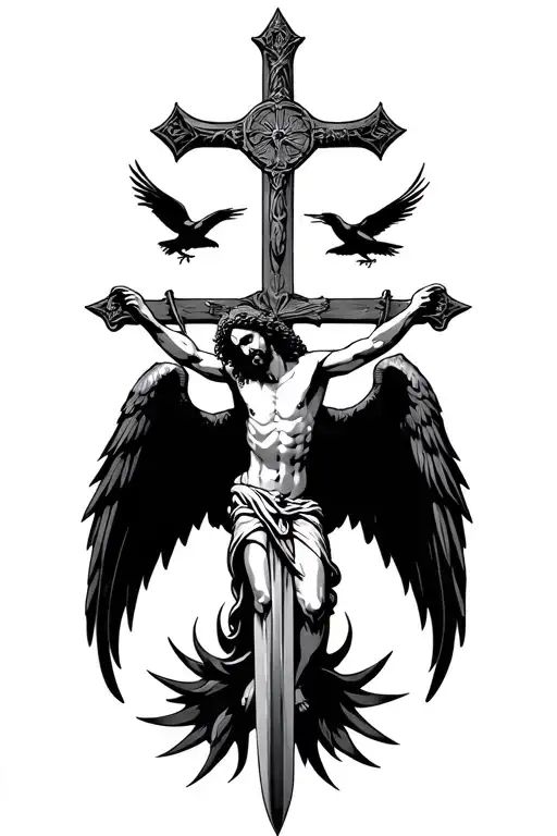 jesus on sword cross with black wings and flying crows no background tattoo design idea
