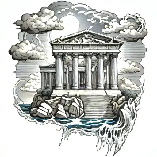greek temple, greek god, waves, clouds, rocks, lightning tattoo design idea