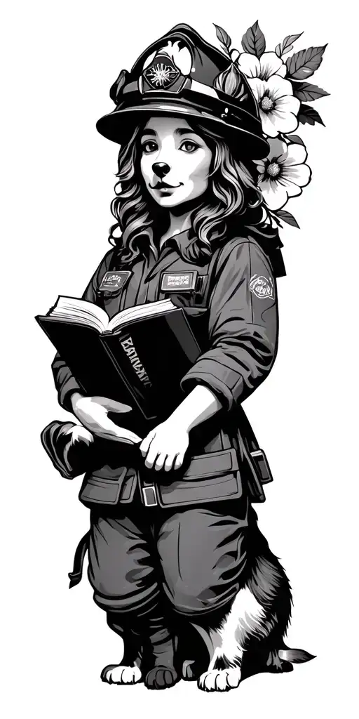 firefighter, book reader, dog lover, flowers tattoo design idea
