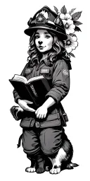 firefighter, book reader, dog lover, flowers tattoo design idea