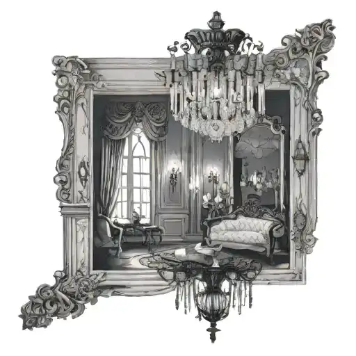 I want you to design me a room with a carpet in the middle, broken mirror on the wall, chandelier on the ceiling, Victor tattoo design idea