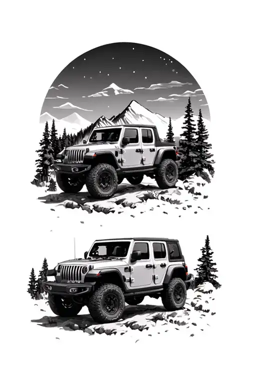 jeep wrangler in wilderness and mountains scene featuring tattoo design idea