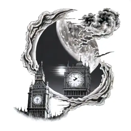 the moon and Big Ben tattoo design idea