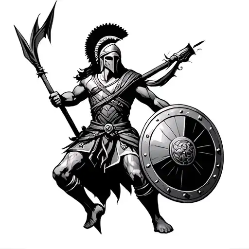 Spartan warrior with spear and shield,  black and white, plain white background, mid jump-attack., well defin tattoo design idea