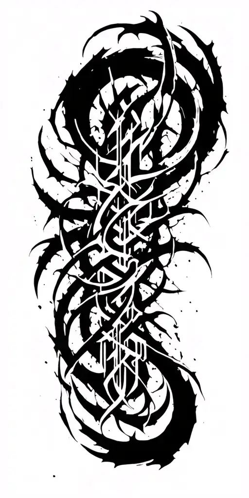 Raw Blackwork Chaotic Bold Strokes Flow Brutalist Dark Abstract Lettering Thorns Cyber Sigilism Expressive Anatomical  tattoo design idea