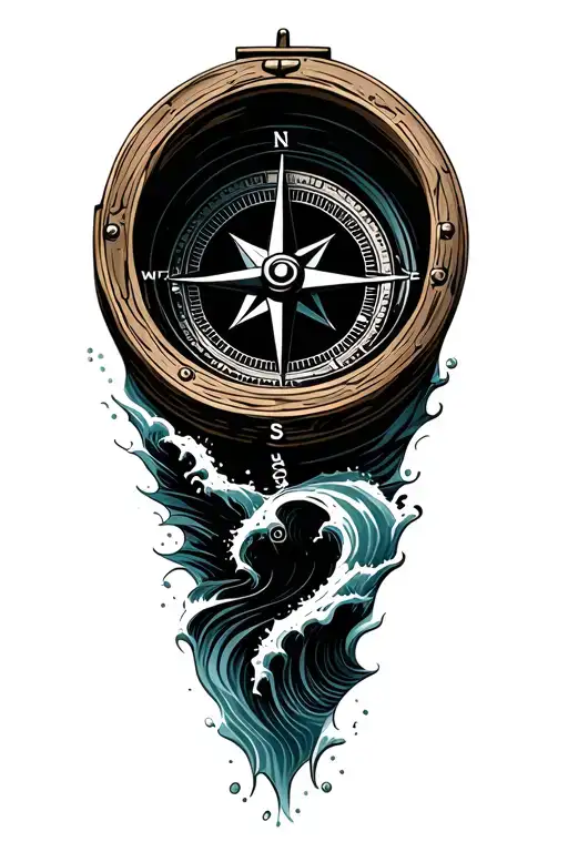 compass with ocean waves crashing tattoo design idea