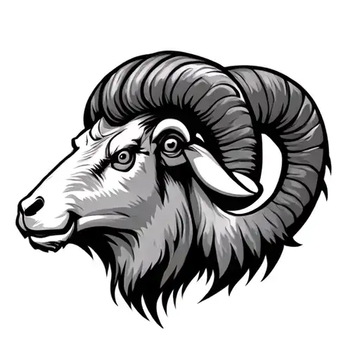 A side view head of an angry ram, hunched over slightly and with sharp eyes. tattoo design idea