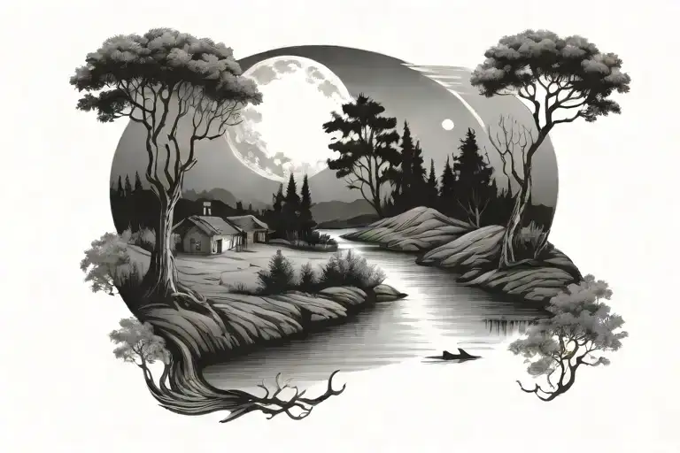 moon shining brightly over landscape with river and trees tattoo design idea