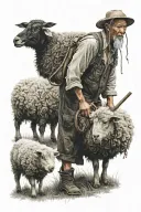Chinese farmer with black sheep infront tattoo design idea