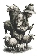 Chinese farmer with black sheep infront tattoo design idea