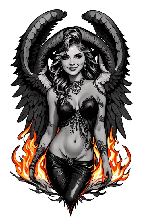 aries zodiac sign sexy smiling female wings fire surrounded tattoo design idea