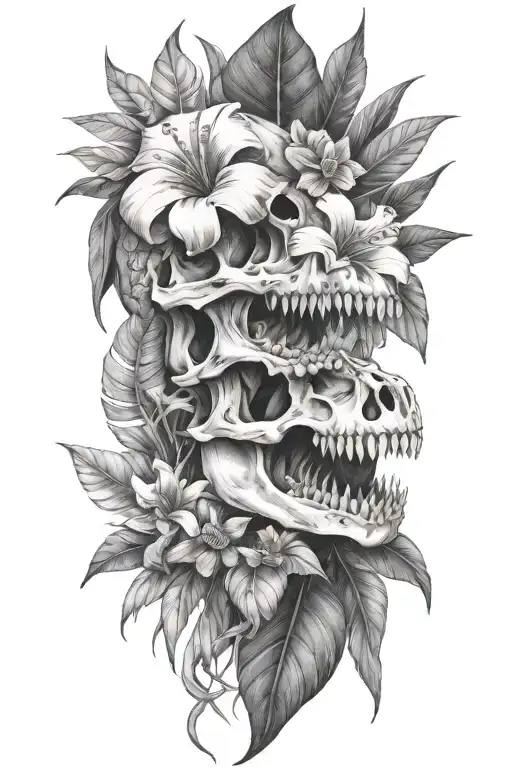 tropical leaves with flowers and t-rex skull tattoo design idea